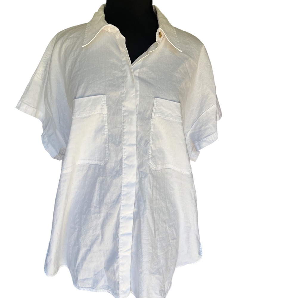Athleta Womens XL White Linen Blend Short Sleeve Button Down Pocket Shirt